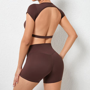 Ensemble de yoga et de sport pour femme, grande taille, uni, coupe ajustée, en Spandex/Nylon, avec soutien-gorge sexy à col licou et décolleté en V, pantalon évasé, taille élastique et logo frontal - Product Image 5
