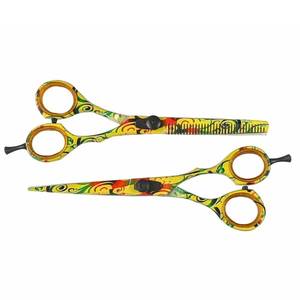 Ciseaux à cheveux à motifs colorés avec 30 dents, pointe arrondie, pour droitiers, manche long - Product Image 1