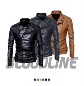 BLOODLINE Men's Black PU Leather Moto <b>Biker</b> <b>Jacket</b> Slim Fit Zipper Closure Stand Collar Autumn Wear - Product Image 4