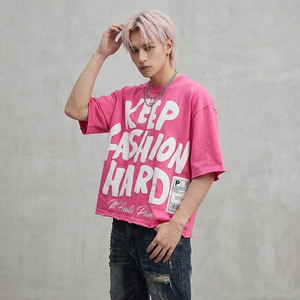 T-<span class=keywords><strong>shirt</strong></span> <span class=keywords><strong>rose</strong></span> oversize pour <span class=keywords><strong>homme</strong></span> avec imprimé tendance, manches courtes, streetwear, col rond, jersey en coton - Product Image 2