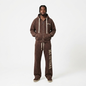 Ensemble survêtement homme personnalisé avec sweat à capuche zippé marron délavé et pantalon de survêtement large – Vente en gros OEM ODM - Product Image 1