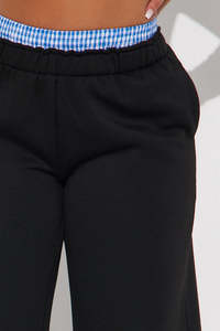 Pantalon de détente unisexe noir à jambe large avec taille contrastante en gingham, en maille décontractée, OEM, marque privée, pour hommes - Product Image 3