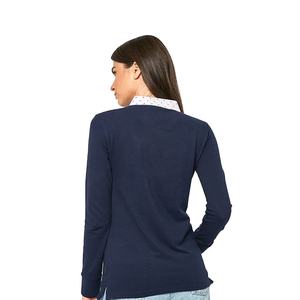 Polo de Manga Larga para Mujer, Color Azul Marino, con Cuello de Puntos Blancos, Tejido de Punto, Corte Regular Informal, 100% Algodón, Antiarrugas - Product Image 2