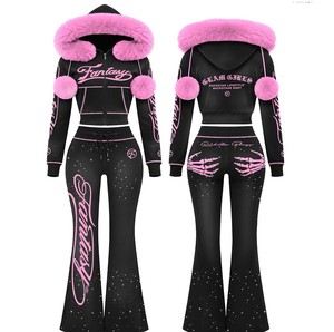 Ensemble 2 pièces pour femme en tricot gaufré sur mesure, veste à capuche zippée à manches longues et pantalon évasé ajusté, écologique et à séchage rapide - Product Image 4