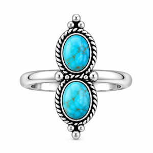 Bague en turquoise de Mohave à double pierre de forme ovale, faite à la main, style bohème western, bijou de créateur unique, bague de mode avec pierres précieuses - Product Image 4