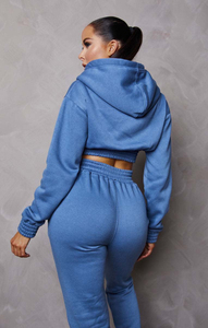 Best Quality Dusky Blue 2-Piece Women's Cropped Drawstring Closure Elasticated Winter Casual <b>Tracksuit</b> Set - Product Image 5