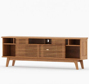 ตู้วางทีวีไม้สักแท้สไตล์โมเดิร์น พร้อมบานประตูแบบระแนงและชั้นวางแบบเปิด ตู้คอนโซลไม้สไตล์มินิมอลสำหรับห้องนั่งเล่น - Product Image 4