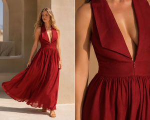 Robe longue élégante en lin/coton à col mandarin, faite main, sans manches, dos nu, unie, rouge vintage, pour l'été, la plage, les fêtes et les vacances - Product Image 6