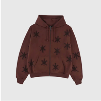 Sweat-shirt unisexe marron à capuche et fermeture éclair, imprimé étoile noire par transfert thermique, manches longues, décontracté, pour l'hiver, 100 % coton, anti-boulochage