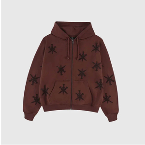 เสื้อฮู้ดซิปสีน้ำตาลแบบยูนิเซ็กซ์ พิมพ์ลายดาวสีดำด้วยเทคนิคฮีททรานเฟอร์ แขนยาว สวมใส่สบายในฤดูหนาว ผลิตจากผ้าฝ้าย 100% ป้องกันการเป็นขุย - Product Image 1
