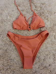 Conjunto de Bikini Triangular a Rayas/Cuadros de Color Sólido para Mujer, Traje de Baño de Dos Piezas con Corte Alto, Escote en V Profundo y Transpirable - Product Image 2