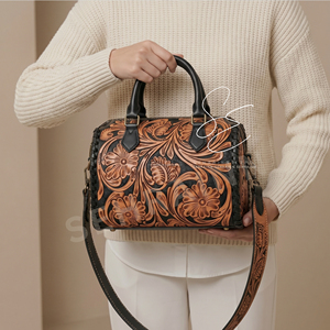 Sac de voyage mini en cuir véritable double tonalité style western, avec fermeture éclair en cuir repoussé, sac Speedy tendance en cuir de vachette noir de taille moyenne pour cowgirl - Product Image 4