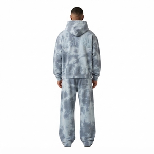 Men Light Blue Gray <b>Tie</b> <b>Dye</b> Hoodie Pants <b>Set</b> Zip Up Hooded Sweatshirt Wide Leg Pants Two Piece Tracksuit - Product Image 2