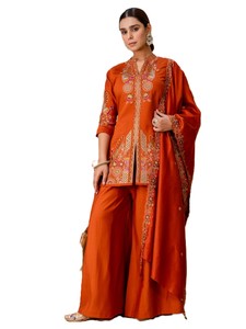 Kurta en soie brodée pour femme, col en V fendu, longueur courte, séchage rapide, avec salwar kameez indien à jambes larges et évasées - Product Image 1
