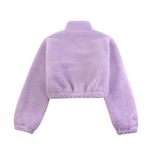 Chaqueta corta de lana sherpa lila personalizada con cremallera, cuello alto, manga larga, bolsillos frontales, ropa de abrigo de boutique de moda para mujer - Product Image 2
