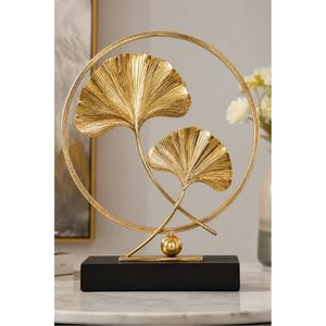Sculpture en métal élégante en forme de feuille de Ginkgo Biloba dorée, cadre rond créatif, objet d'art, décoration intérieure de luxe, hall d'hôtel, salon - Product Image 1