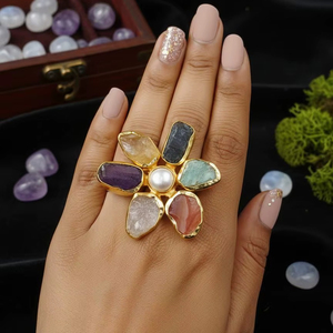 Six Multi Stone Handmade Brass <b>Ring</b> <b>Adjustable</b> Natural Stone Traditional Jewelry Gift for Women Customise <b>Ring</b> Daily Wear - Product Image 1