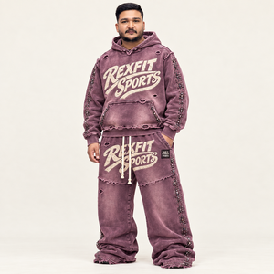 REXFIT SPORTS unisex Hooded Sweatshirt Set Acid Wash Purple Street Style Two Piece <b>Tracksuit</b> <b>winter</b> wear Cotton Fleece - Product Image 3