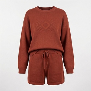 Women's Knitted 2 Piece <b>Set</b> Crew Neck <b>Sweater</b> With Geometric Embroidery Above Knee Shorts Loose Fit Autumn Casual Wear - Product Image 1
