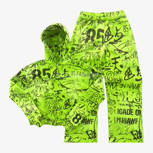 Conjunto de Sudadera con Capucha y Pantalones Deportivos Estampados en Verde Neón, Estilo Moderno - Product Image 1