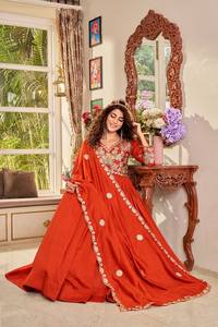 Robe Anarkali en Georgette Orange avec Dupatta, brodée de fils de sequins, longueur ras du sol, pour fêtes et mariages, pour femmes - Product Image 3