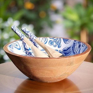 Bol de service moderne en bois de manguier émaillé thème mer bleue avec cuillère et fourchette à salade en bois, ensemble de vaisselle pour fête et cuisine - Product Image 4