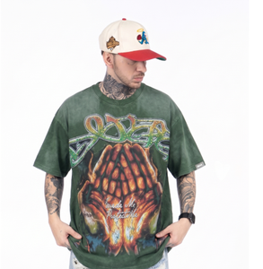 Camiseta Verde Extra Grande para Hombre DUAA con Estampado de Manos en Oración, Estilo Urbano, Manga Corta, Cuello Redondo, Algodón Jersey - Product Image 3