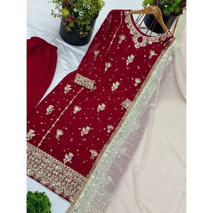 Ensemble de costume de soirée pour femmes de créateur avec haut-plazzo et dupatta, travail de broderie lourd - Product Image 4