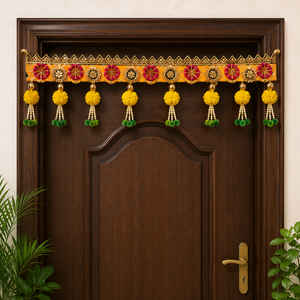 Traditional Handmade Orange Pink Toran Door Hanging with Yellow Pom Pom Pearl Tassels Gold Embroidery Indian Festive Decor - Product Image 4