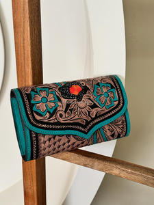 กระเป๋าสตางค์หนังสีเทอร์ควอยซ์ลายดอกไม้ทำมือแบบตะวันตก2024ใหม่ - Product Image 3