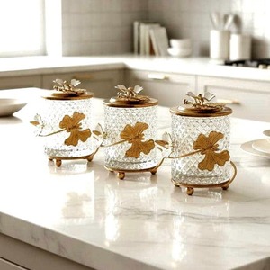 Leaf Design Silver Metal Glass Container For Gifting Purpose Luxury Storage <b>Jar</b> For Weddings And Housewarming From India - Product Image 2