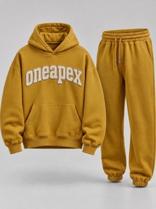 Ensemble de survêtement homme oversize jaune moutarde brodé, en coton épais, style streetwear personnalisé - Product Image 2