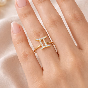 Anillo Apilable Hecho a Mano de Plata de Ley 925 con Circonita Cúbica, Astrología del Zodiaco Géminis - Product Image 1