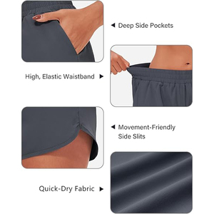 Shorts de sport gris foncé pour femmes, en polyester, taille haute, avec poches latérales, respirants, pour l'entraînement en salle de sport - Product Image 3