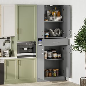 71\" Modern Freestanding Tall <b>Kitchen</b> <b>Pantry</b> in Gray Oak Wood with MDF Panel Adjustable Shelf and Drawer <b>Kitchen</b> Cabinet - Product Image 2
