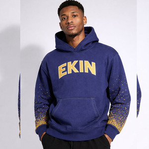 Custom Cotton <b>Fleeced</b> Navy Blue Embroidery Rhinestones logo Oversize Baggy Boxy Fit Pull Over Hoodie for Men Hip Hop Streetwear - Product Image 3