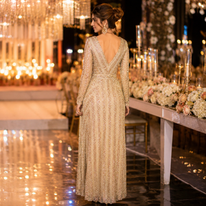 Vestido de Noche de Lentejuelas Doradas de Lujo para Mujer, Elegante Vestido Largo con Cuello en V Profundo y Manga Larga, Vestido de Fiesta de Diseñador Premium para Recepción de Bodas - Product Image 3