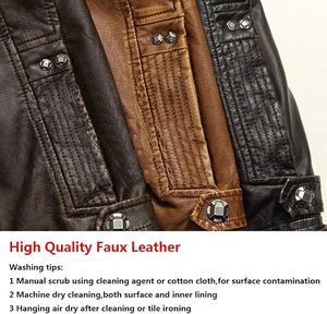 Blouson moto homme en cuir marron écologique, col montant, fermeture éclair, coupe ajustée, manches classiques, couleur unie, pour l'hiver - Product Image 6
