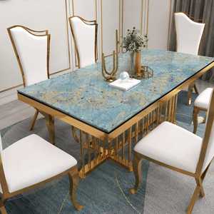 Blue <b>Marble</b> <b>Top</b> Stainless Steel Gold Dining Table Set 6 Seater Modern Designer Dining Table with Upholstered Chairs Luxury - Product Image 4