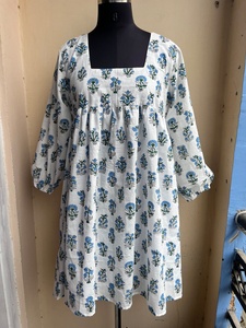 Robe d'été en coton à col carré, mini-robe, robe courte, imprimé floral à la main, robe midi à manches longues pour femmes - Product Image 5