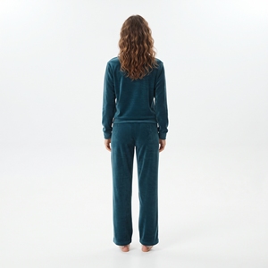 <b>Women's</b> Teal <b>Velour</b> <b>Tracksuit</b> Crew Neck Full Sleeve Solid Color Hawk Eye Logo Winter Casual Wear - Product Image 2