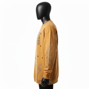 เสื้อสเวตเชิ้ตคอกลมผ้าฝ้ายฟลีซ 320 GSM สีน้ำตาลอูฐ แต่งโลโก้ประดับเพชร สำหรับผู้ชาย สไตล์สตรีทแวร์ - Product Image 3