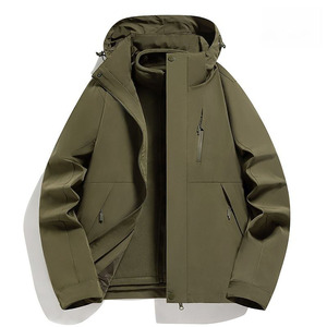 Men's Winter Olive Green Hooded Stand Collar Softshell <b>Jacket</b> Windproof <b>Fleece</b> <b>Lined</b> Zipper Closure Casual Outdoor Front Logo - Product Image 1