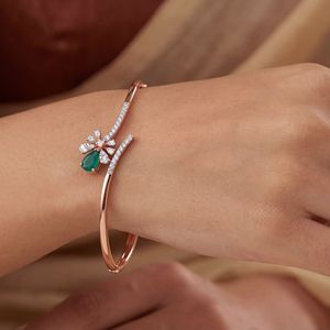 Luxury Rose Gold Emerald Green Stone & CZ Diamond Floral <b>Bangle</b> <b>Bracelet</b> for Women | Elegant Open Cuff <b>Bracelet</b> | 18K Gold Plate - Product Image 3