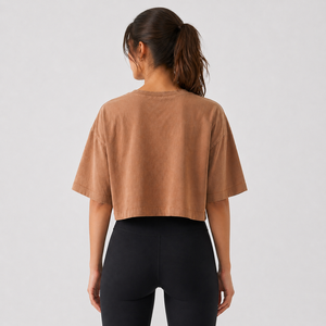 Women's Brown Color Crop <b>Top</b> Crew Neck Short Sleeve Loose Fit Casual Knitted Cotton Shirt Solid Color Front Logo women's shirt - Product Image 2
