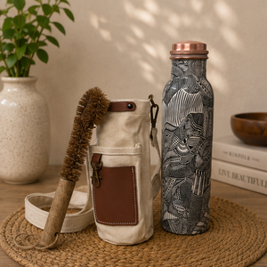 Artisanal Doodle Printed Copper Hydration Vessel With <b>Brush</b> Eco-friendly Portable Multi-Use Home Use with Coaster Lids - Product Image 6
