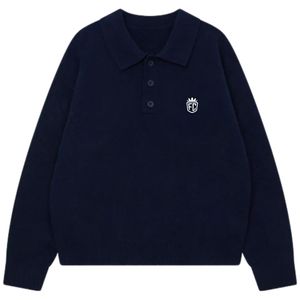 Pull en maille à manches longues pour homme, col boutonné texturé doux, bleu marine, décontracté, hiver, mélange de coton, OEM - Product Image 1