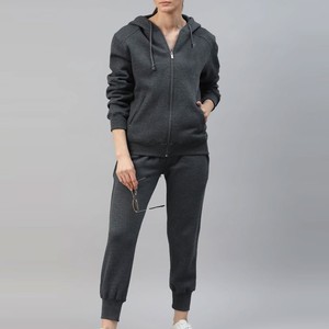 Ensemble de survêtement décontracté pour femme, gris foncé, à capuche, couleur unie, manches longues, fermeture éclair, pantalon de jogging, respirant, 100 % coton, pour l'automne - Product Image 4