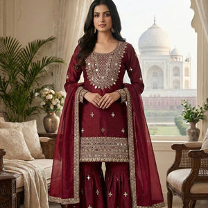 Ensemble de costume Sharara en soie GMY pour femmes – Broderie lourde, sequins et travail de miroir véritable, tenue de mariage ethnique avec dupatta - Product Image 1