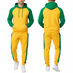 Chándal Vibrante Amarillo y Verde para Hombre |   Sudadera con capucha raglán y pantalones con franja lateral verde en contraste |   Ropa Deportiva de Dos Tonos - Product Image 4